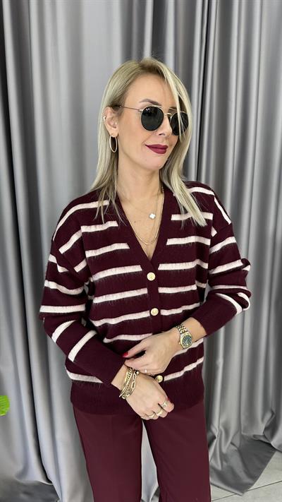 Orjinal Marka Ekru Çizgili Bordo Triko Ceket