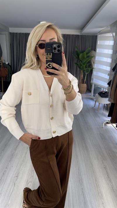 Orjinal Marka Gold Düğmeli Ekru Merserize Hırka