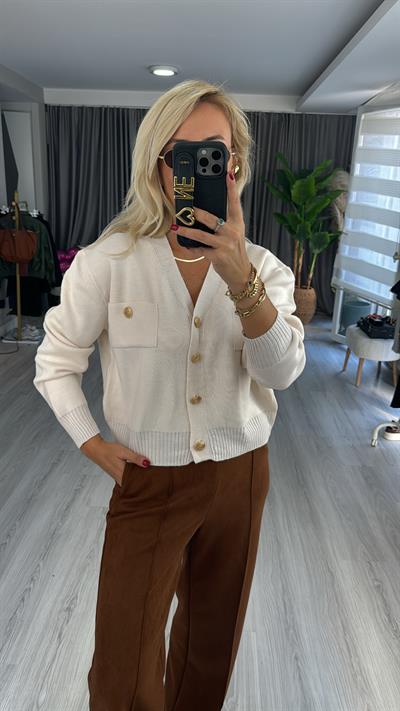 Orjinal Marka Gold Düğmeli Ekru Merserize Hırka