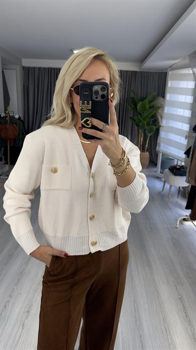 Orjinal Marka Gold Düğmeli Ekru Merserize Hırka