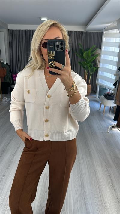 Orjinal Marka Gold Düğmeli Ekru Merserize Hırka