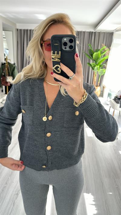 Orjinal Marka Gold Düğmeli Gri Merserize Hırka