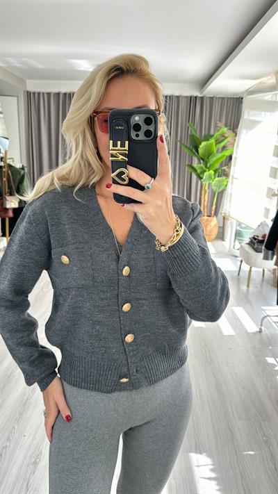 Orjinal Marka Gold Düğmeli Gri Merserize Hırka