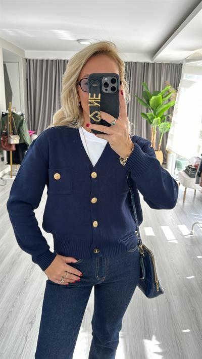 Orjinal Marka Gold Düğmeli Lacivert Merserize Hırka