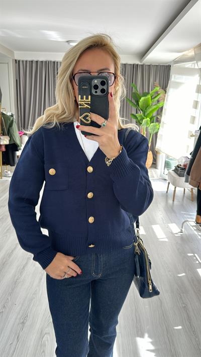 Orjinal Marka Gold Düğmeli Lacivert Merserize Hırka