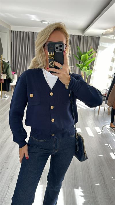 Orjinal Marka Gold Düğmeli Lacivert Merserize Hırka