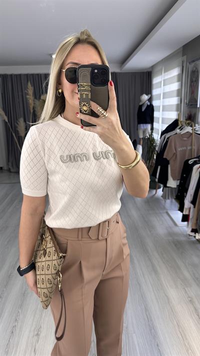 ORJİNAL MARKA İNCİ ÇAKIMLI BEYAZ TRİKO