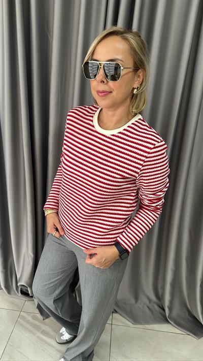 ORJİNAL MARKA KIRMIZI BEYAZ ÇİZGİLİ UZUN KOL TRİKO