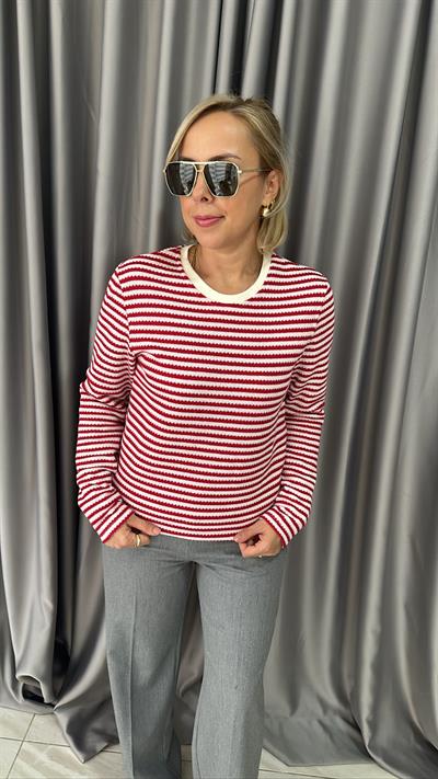 ORJİNAL MARKA KIRMIZI BEYAZ ÇİZGİLİ UZUN KOL TRİKO