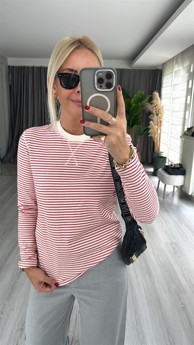 Orjinal Marka, Kırmızı Ekru Çizgili Tişört