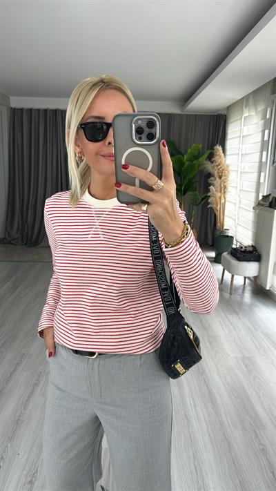 Orjinal Marka, Kırmızı Ekru Çizgili Tişört