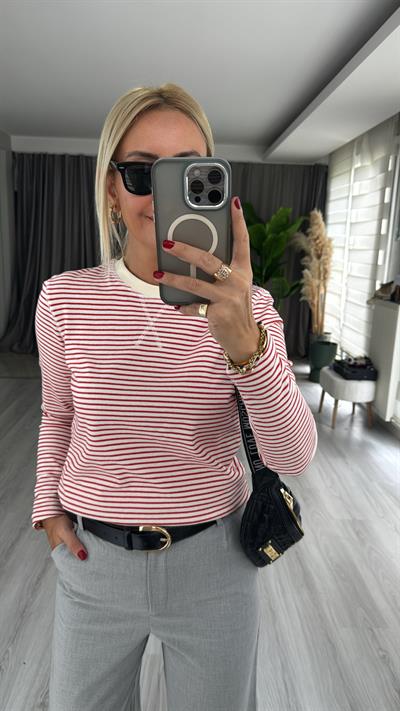 Orjinal Marka, Kırmızı Ekru Çizgili Tişört