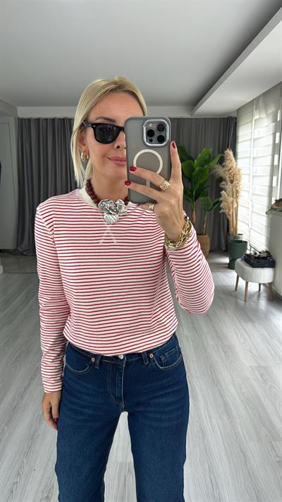 Orjinal Marka, Kırmızı Ekru Çizgili Tişört