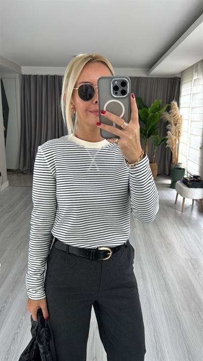 Orjinal Marka, Lacivert Ekru Çizgili Tişört