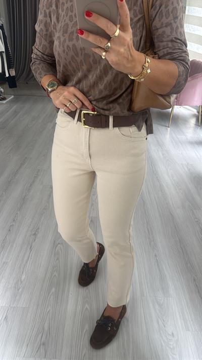 Orjinal Marka Likralı Bej Boyfit Jean