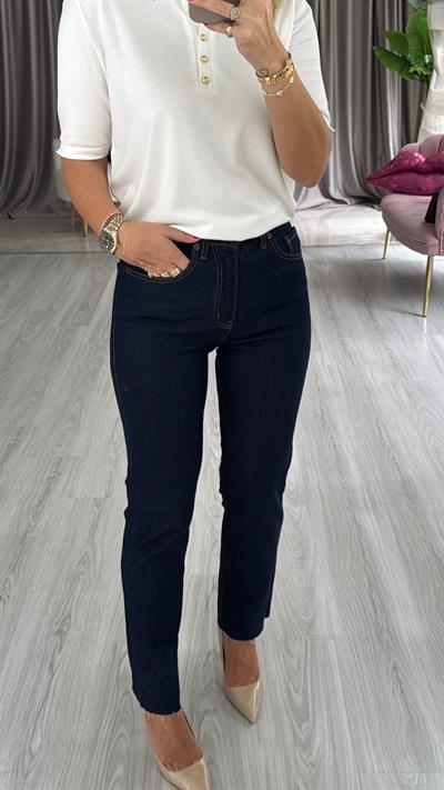 Orjinal Marka Likralı Koyu Lacivert Boyfit Jean