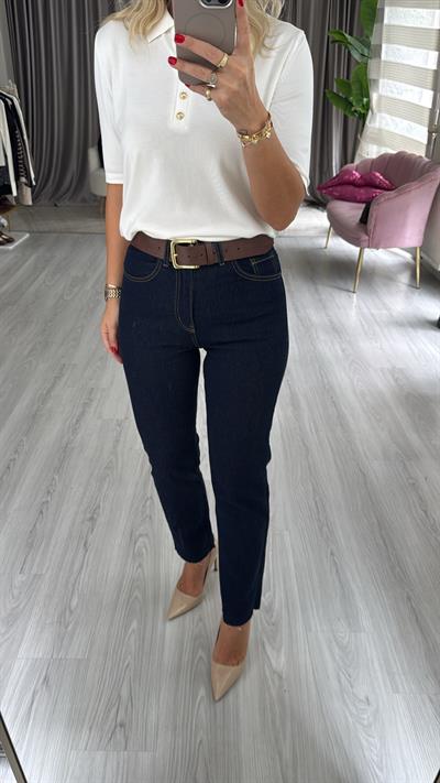 Orjinal Marka Likralı Koyu Lacivert Boyfit Jean