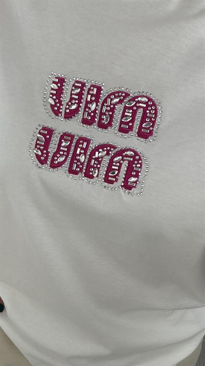 ORJİNAL MARKA, LOGOLU TAŞ İŞLEMELİ BEYAZ TİŞÖRT