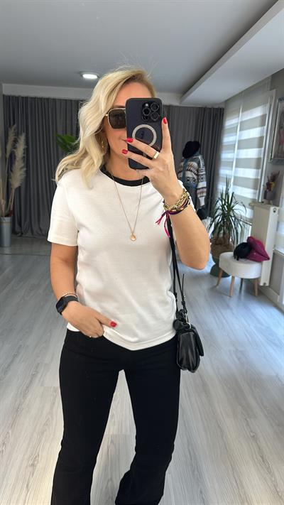 ORJİNAL MARKA, SİYAH BİSİKLET YAKA, BEYAZ YARIM KOLLU TİŞÖRT