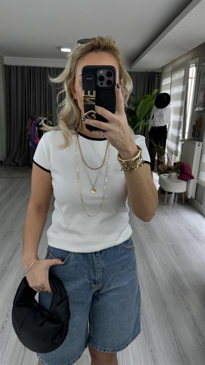 ORJİNAL MARKA SİYAH BİYELİ BEYAZ PAMUKLU TİŞÖRT