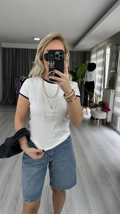 ORJİNAL MARKA SİYAH BİYELİ BEYAZ PAMUKLU TİŞÖRT