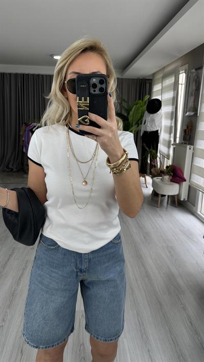 ORJİNAL MARKA SİYAH BİYELİ BEYAZ PAMUKLU TİŞÖRT