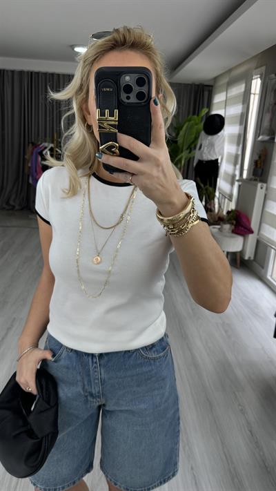 ORJİNAL MARKA SİYAH BİYELİ BEYAZ PAMUKLU TİŞÖRT