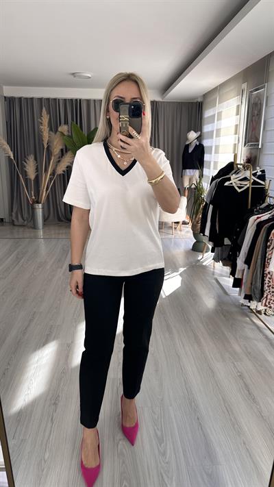 ORJİNAL MARKA, SİYAH V YAKA, BEYAZ YARIM KOLLU TİŞÖRT