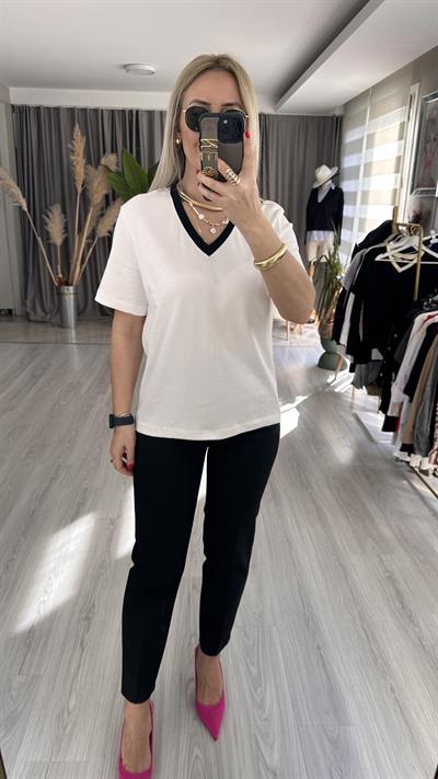 ORJİNAL MARKA, SİYAH V YAKA, BEYAZ YARIM KOLLU TİŞÖRT