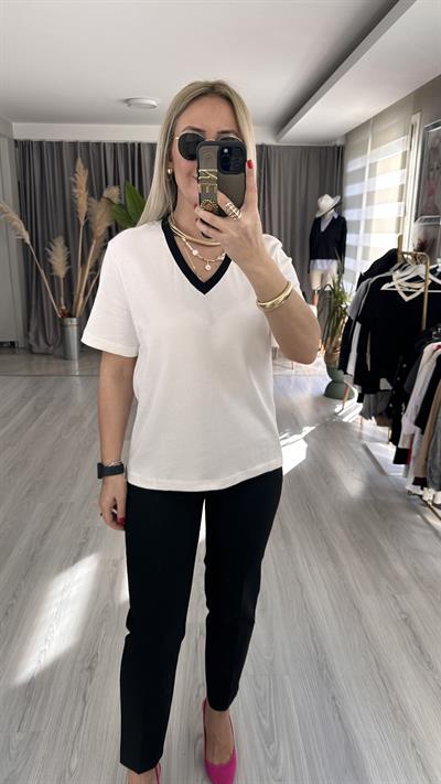 ORJİNAL MARKA, SİYAH V YAKA, BEYAZ YARIM KOLLU TİŞÖRT
