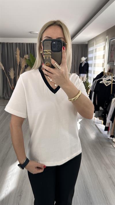 ORJİNAL MARKA, SİYAH V YAKA, BEYAZ YARIM KOLLU TİŞÖRT