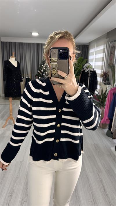 ORJİNAL MARKA YANDAN YIRTMAÇLI GOLD DÜĞME DETAYLI LACİVERT ÇİZGİLİ HIRKA