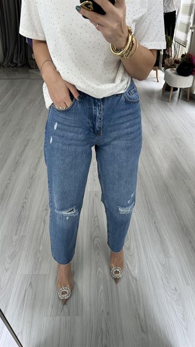 ORJİNAL MARKA YIRTIK DETAYLI AÇIK MAVİ MOM JEAN