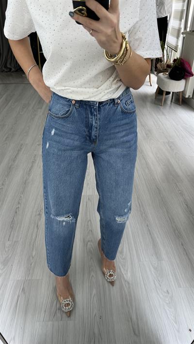 ORJİNAL MARKA YIRTIK DETAYLI AÇIK MAVİ MOM JEAN