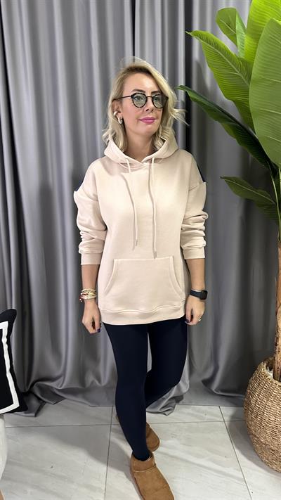 ORJİNAL MODEL ARKASI JEAN DETAYLI  ŞARDONLU BEJ SWEATSHİRT