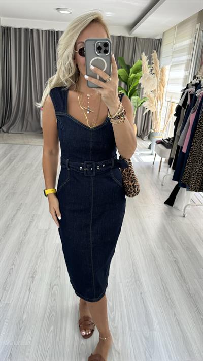 Orjinal Model Beli Kemerli Lacivert Denim Elbise