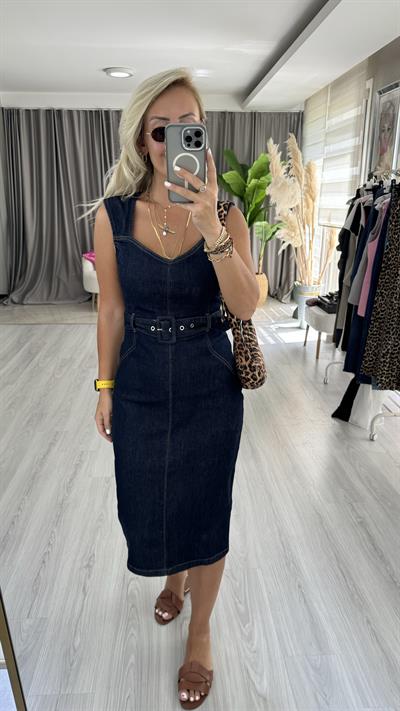 Orjinal Model Beli Kemerli Lacivert Denim Elbise