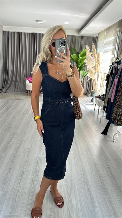 Orjinal Model Beli Kemerli Lacivert Denim Elbise