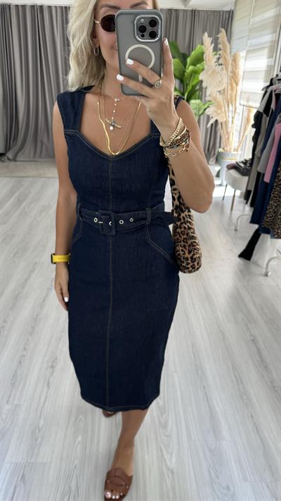 Orjinal Model Beli Kemerli Lacivert Denim Elbise