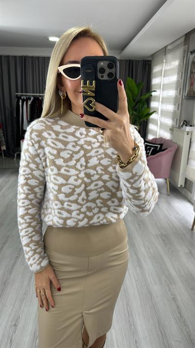 Orjinal Model Camel Beyaz Leopar Desen Triko