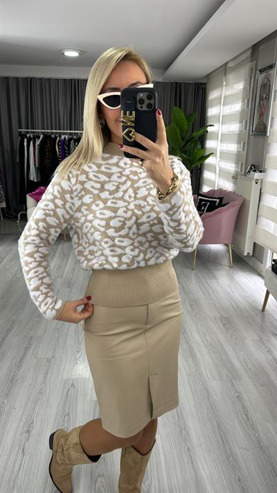 Orjinal Model Camel Beyaz Leopar Desen Triko