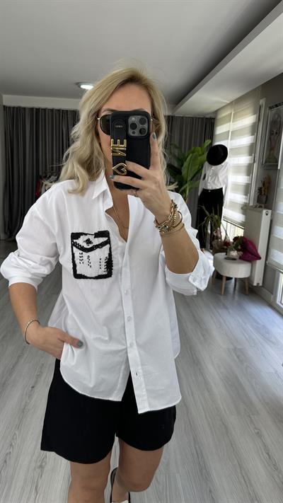 ORJİNAL MODEL CEP İŞLEMELİ BEYAZ POPLİN GÖMLEK