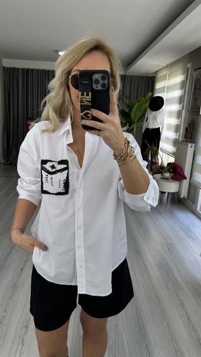 ORJİNAL MODEL CEP İŞLEMELİ BEYAZ POPLİN GÖMLEK