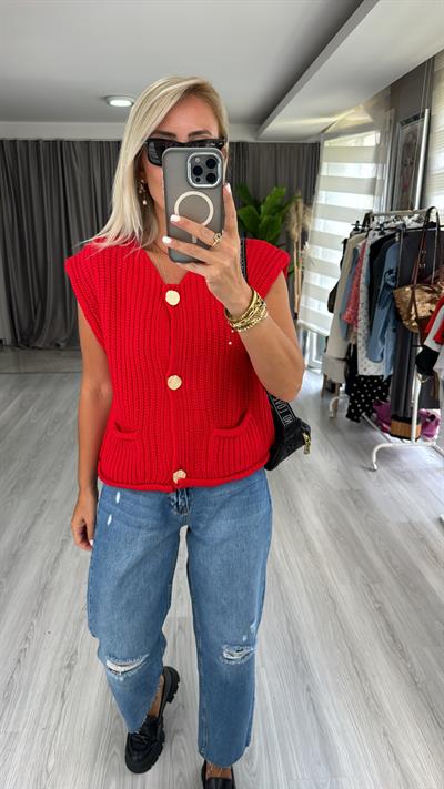 Orjinal Model Gold Düğme Detaylı Kırmızı Yelek