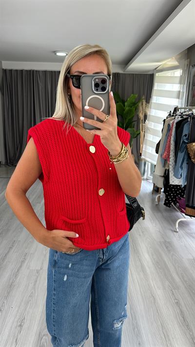 Orjinal Model Gold Düğme Detaylı Kırmızı Yelek