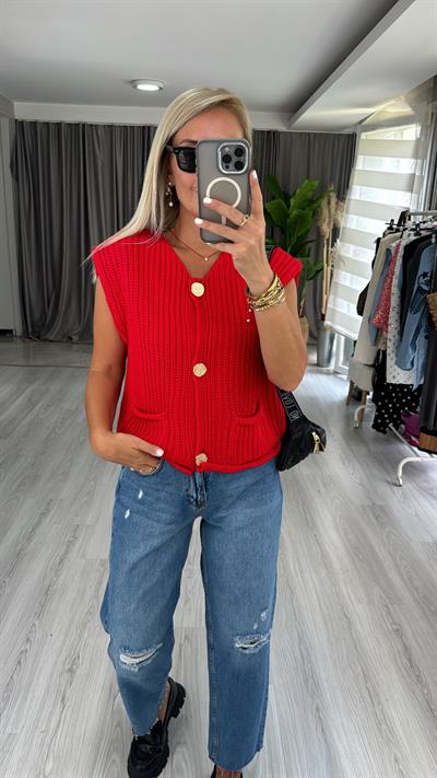 Orjinal Model Gold Düğme Detaylı Kırmızı Yelek