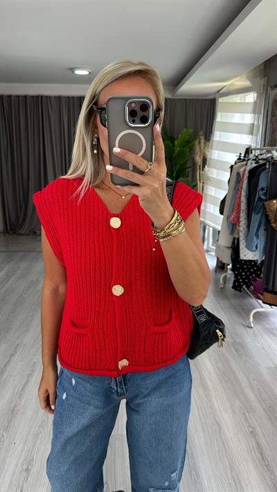 Orjinal Model Gold Düğme Detaylı Kırmızı Yelek
