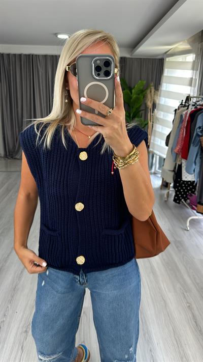 Orjinal Model Gold Düğme Detaylı Lacivert Yelek