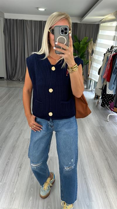 Orjinal Model Gold Düğme Detaylı Lacivert Yelek