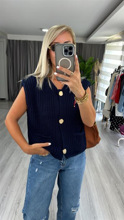Orjinal Model Gold Düğme Detaylı Lacivert Yelek